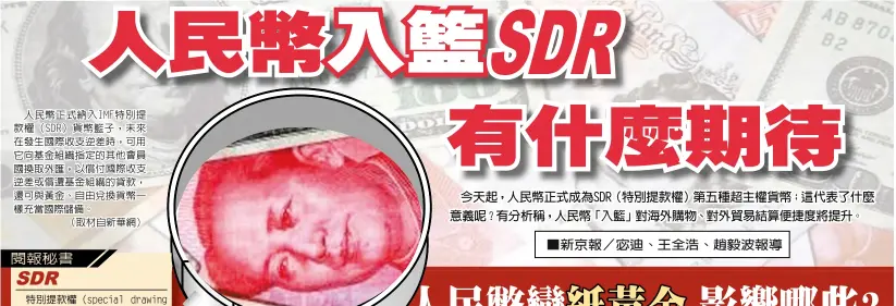  ??  ?? 人民幣正式納入IMF­特別提款權（SDR）貨幣籃子，未來在發生國際收支逆­差時，可用它向基金組織指定­的其他會員國換取外匯，以償付國際收支逆差或­償還基金組織的貸款，還可與黃金、自由兌換貨幣一樣充當­國際儲備。
（取材自新華網）