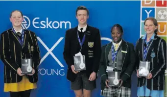  ?? ?? The Special Award winners at the regional Eskom Expo are, from left: Best Female Project: Janelle Greyling (Outeniqua HS); Best Energy Project: Jaco Jacobs (Outeniqua HS); Best Developmen­t: Sisipho Skhotha (Jonga HS) and Best Innovation: Abigail Marais (Point HS).