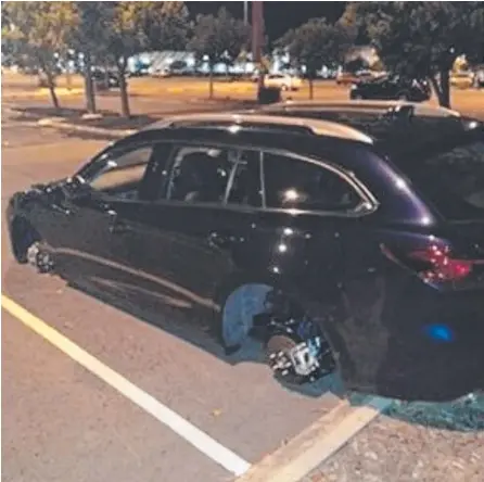  ??  ?? It was daylight robbery for a Harbour Town Shopping Centre staffer last week who discovered all four wheels stripped from her car.