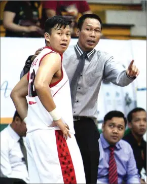  ?? WAHYUDIN/JAWA POS ?? EVALUASI: Head Coach Stadium Jakarta Tri Adnyanaadi memberikan instruksi kepada Raymond Shariputra dalam laga melawan Bima Sakti Malang di C-Tra Arena Bandung.