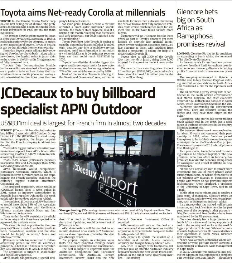 ??  ?? Stronger footing: JCDecaux logo is seen on an informatio­n panel at Orly Airport near Paris. The combined JCDecaux and APN businesses will have about 35% of the Australian market. — Reuters