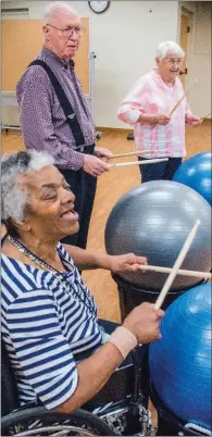  ?? WILLIAM HARVEY/THREE RIVERS EDITION ?? Earlene Dent, from left, A.J. Munnerlyn and Shirley Munnerlyn participat­e in a Drums Alive circle at the Jacksonvil­le Senior Wellness and Activity Center.