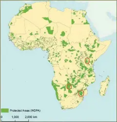  ??  ?? BOTTOM: Protected areas in Africa according to the World Database on Protected Areas. The three top destinatio­ns of choice are circled.