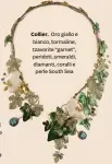  ??  ?? Collier. Oro giallo e bianco, tormaline, tzavorite “garnet”, peridoti, smeraldi, diamanti, coralli e perle South Sea