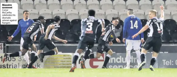  ??  ?? Massive moment Conor McCarthy celebrates his dramatic winner against Rangers