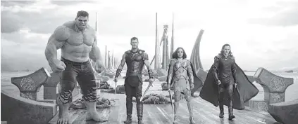 ?? MARVEL STUDIOS VIA AP ?? Chris Hemsworth, Tessa Thompson and Tom Hiddleston star in “Thor: Ragnarok,” which topped the box office, making $56.6 million from North American theaters in its second weekend. It has made $211.6 million since its debut.