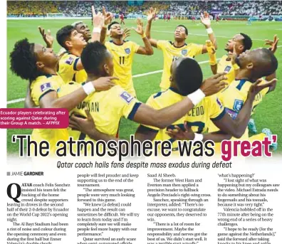  ?? – AFPPIX ?? Ecuador players celebratin­g after scoring against Qatar during their Group A match.