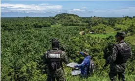  ?? ?? Accompanie­d by armed troops, Nelbin Bustamante of the NGO Prolansate points out a large plantation of oil palm which has expanded illegally in the Blanca Jeannette Kawas national park in northern Honduras