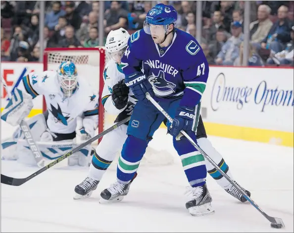  ?? GERRY KAHRMANN/PNG FILES ?? Sven Baertschi is shadowed by San Jose’s Michael Haley during Wednesday’s game at Rogers Arena. The Canucks, and their fans, endured another home loss, putting the tally at 21 defeats in 39 games in Vancouver. The team has just nine regulation wins at...