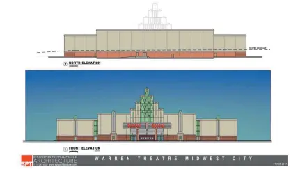  ?? [IMAGE PROVIDED] ?? This rendering shows what the front and back of the Warren Theatre in Midwest City’s Sooner Rose developmen­t would look like.