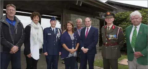  ??  ?? American tourists from Pennsylvan­ia at the event. From left: Sean McFadden, Pamela Lawrence, Lt Col Andrew Martin from the US Embassy in Dublin, Kimberly and Craig Greene, Minister Paul Kehoe, Brigadeer Gen Paddy Flynn, GOC 1 Brigade, and Tom Keith, Dungarvan.