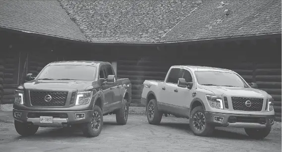  ?? PHOTOS: DEREK MCNAUGHTON ?? A comparison by two Driving writers found that the 2017 Nissan Titan XD, left, gives a choppier ride than the smooth drive of the Titan half-ton truck, right.