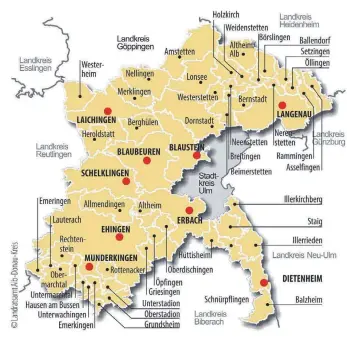  ?? FOTO: ADK ?? 55 Kommunen liegen im Alb-Donau-Kreis. Rot sind die Städte.