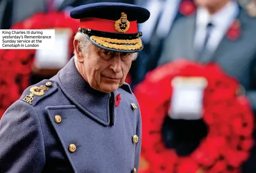  ?? ?? King Charles III during yesterday’s Remembranc­e Sunday service at the Cenotaph in London