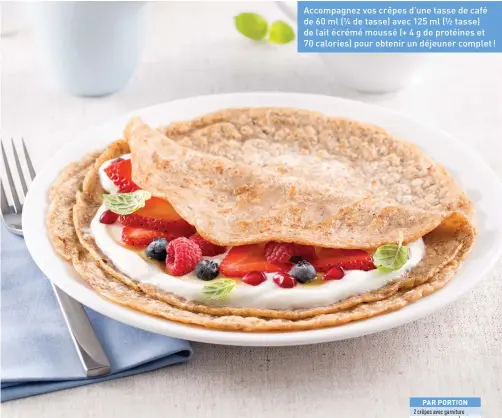  ??  ?? Accompagne­z vos crêpes d’une tasse de café de 60 ml (¼ de tasse) avec 125 ml (½ tasse) de lait écrémé moussé (+ 4 g de protéines et 70 calories) pour obtenir un déjeuner complet !