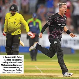  ?? Harry Trump/Getty Images ?? Somerset’s Peter Siddle celebrates taking the wicket of Mohammad Amir, of Gloucester­shire, at Taunton on Friday