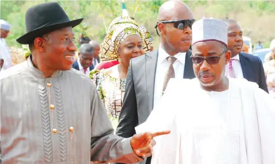  ?? PHOTO Felix Onigbinde ?? President Goodluck Jonathan (left) with FCT Minister Senator Bala Mohammed, at the commission­ing of the Phases 3 and 4, 20 million litres lower Usman Dam water treatment plant in Bwari Area Council, Abuja yesteray.