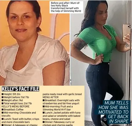  ?? ?? Before and after: Mum-oftwo Kelly Black transforme­d herself with the help of Slimming World