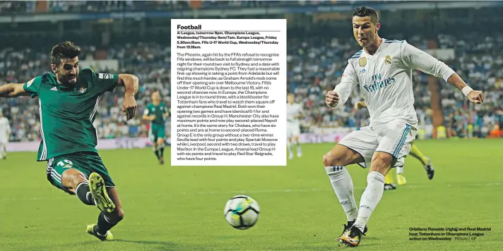  ?? Picture / AP ?? Cristiano Ronaldo ( right) and Real Madrid host Tottenham in Champions League action on Wednesday