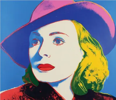  ??  ?? Style: ‘Ingrid Bergman With Hat’ by Andy Warhol (inset above), which will be among the works on show at Art Source at the RDS from November 9to11