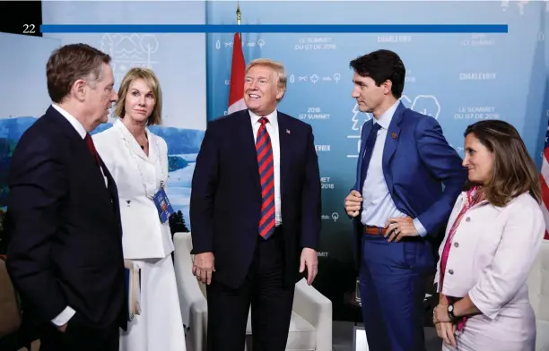  ?? Adam Scotti photo ?? President Trump with Prime Minister Trudeau at a Canada-U.S. bilateral on the margins of the G7 Summit in Charlevoix, June 8, 2018. Also, from left, USTR Bob Lighthizer, U.S. Ambassador to Canada Kelly Craft, and Foreign Affairs Minister Chrystia Freeland. They talked trade.