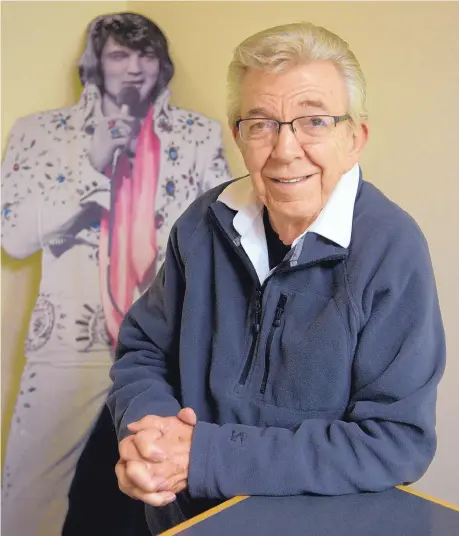  ?? GREG SORBER/JOURNAL ?? Bobby Box, a radio disc jockey since the early ’60s, poses with an Elvis Presley cut out, a gift from a fan, at his new radio station, KDSK in Rio Rancho.