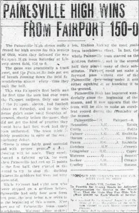  ?? NEWS-HERALD FILE ?? The Oct. 17, 1921 game recap in the Painesvill­e Telegraph of Harvey’s win over Fairport.