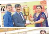  ??  ?? Sunil Sharma, head-brand activation­s, Dabur India Ltd and Pratap Kembrekar, Hindustan Times, felicitate­s Gursimran Kaur, principal, Lexicon Internatio­nal School, Pune for bagging the first prize