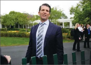  ?? The Associated Press ?? SOUTH LAWN: Donald Trump Jr., the son of President Donald Trump, speaks April 17 during the annual White House Easter Egg Roll on the South Lawn of the White House in Washington.