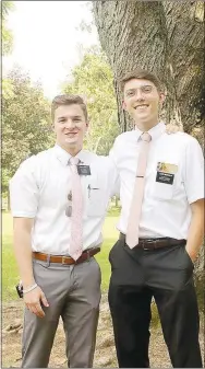  ?? LYNN KUTTER ENTERPRISE-LEADER ?? Elders Tanner Crosby and Grant McMullin have been serving together in this area as missionari­es with The Church of Jesus Christ of Latter-day Saints. McMullin recently was transferre­d to a new community in Missouri, and another elder has joined Crosby in Prairie Grove.