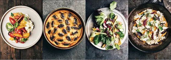  ?? (Adam Gibson/Hardie Grant Books via AP) ?? This combinatio­n of photos shows recipes, from left, tomatoes and peaches with honey vinegar and burrata curds, mulberry clafoutis, cashew miso cream with young vegetables and a crayfish and lovage omelette. The dishes are featured in the cookbook “How Wild Things Are: Cooking, Fishing and Hunting at the Bottom of the World” by Analiese Gregory.