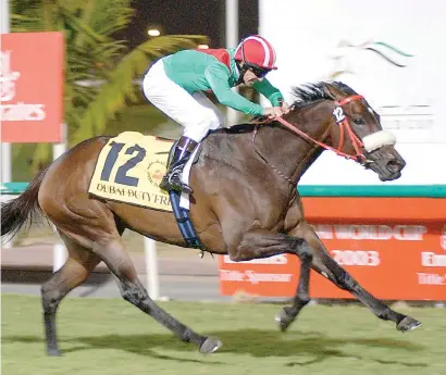  ??  ?? MEMORABLE DAY. Ipi Tombe winning the Dubai Duty Free was a watershed moment for trainer Mike de Kock on his road to internatio­nal fame.