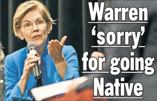 ??  ?? Sen. Elizabeth Warren speaks Monday at a Native American forum in Iowa amid controvers­y over her claims of Native heritage. MY BAD: