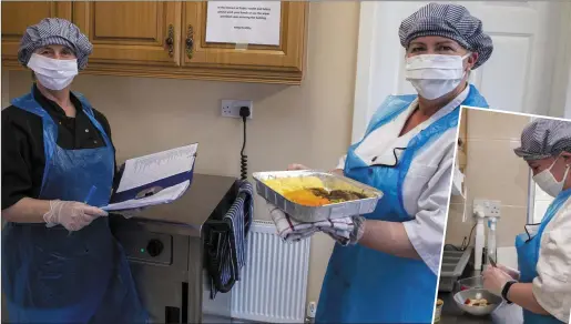  ?? INSET: Photos by Domnick Walsh ?? Chefs Martina Joy and Valerie O’Leary produce another batch of wholesome meals, ready for volunteers to get out to the most vulnerable around. Valerie preparing the grub.