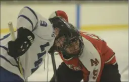  ?? BY JOE BOYLE ?? LaSalle’s Jack O’Bryan and Albany Academy’s Anthony Sericolo line up for a face off on February 9 at the Hudson Valley Community College Rink