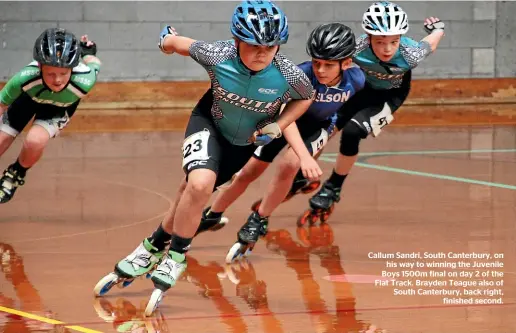  ??  ?? Callum Sandri, South Canterbury, on his way to winning the Juvenile Boys 1500m final on day 2 of the Flat Track. Brayden Teague also of South Canterbury, back right, finished second.