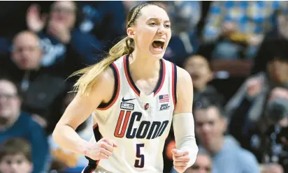  ?? CLOE POISSON/SPECIAL TO THE COURANT PHOTOS ?? UConn guard Paige Bueckers reacts after to a play against Providence in a Big East Tournament quarterfin­al game at the Mohegan Sun Arena in Uncasville on Saturday. UConn won, 86-53.