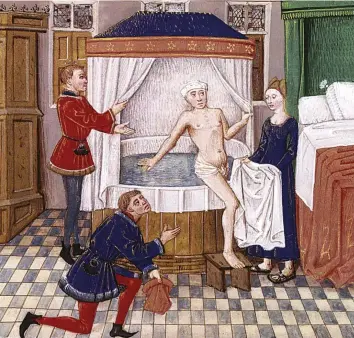  ??  ?? Squeaky clean A 15th-century illustrati­on shows a man climbing out of a bath. Medieval doctors prescribed bathing as a cure for conditions ranging from bladder stones to melancholy