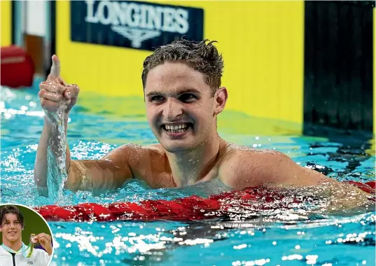  ?? AP ?? Lewis Clareburt is all smiles after winning the gold medal in the men’s 400m individual medley final while, inset, 18-year-old Commonweal­th Games debutant Cameron Gray shows off his 50m butterly bronze medal.