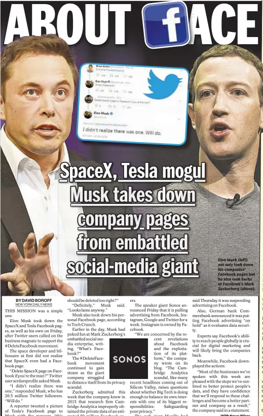  ??  ?? Elon Musk (left) not only took down his companies’ Facebook pages but he also took barbs at Facebook’s Mark Zuckerberg (above).