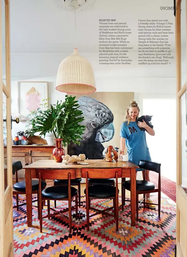  ??  ?? ECLECTIC MIX
Vibrant hues and natural materials are celebrated in the light-soaked dining room of Madeleine and Karl’s home ( below), where a geometric kilim from Rah Rah Rugs anchors the space. While an oversized wicker pendant from Ikea has been...