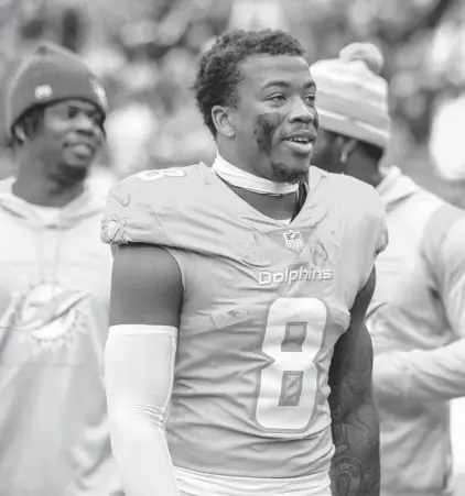  ?? MATT DURISKO/AP ?? Dolphins free safety Jevon Holland walks off the field before a game against the Bills on Oct. 31 in Orchard Park, N.Y.