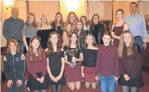  ??  ?? Monifieth Ladies U/13 at their awards presentati­on with managers Craig Duncan (back left) and Ally Kerr (back right).