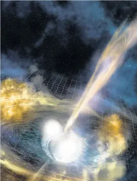  ??  ?? > An artist’s illustrati­on of two merging neutron stars