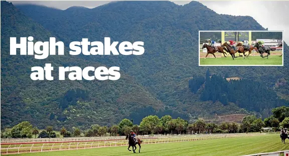  ?? TOM LEE/STUFF ?? Under the shadow of Mt Te Aroha, the Thames Cup Day was held at the Te Aroha Racetrack this year after the previous three meetings had to be cancelled. Inset: Jockeys and horses fly past the finishing line.