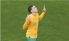  ?? Photograph: Alessandra Tarantino/AP ?? Australia's Craig Goodwin celebrates after scoring the first goal in the Socceroos’ World Cup match against France.