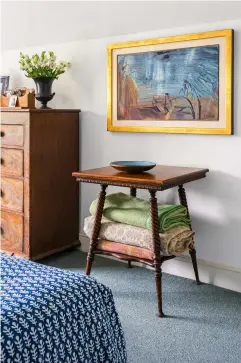  ??  ?? ABOVE The sense of light and space in the main bedroom is maximized by the windowpane mirrors on either side of the bed. The lampshades are from Ashoka Designs. Bold patterns painted onto the bedside chests by Lottie add interest. The curtain fabric is Doveflight, a Mark Hearld screenprin­ted linen for St Jude’s, based on an original linocut. The landscape above the bed is by Adrian Berg of the gardens at Glyndebour­ne. RIGHT The throw is Bagru Dark Blue from Molly Mahon. The painting on the wall is by Humphrey Spender.