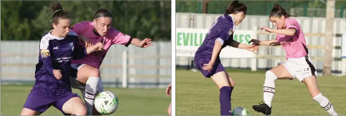  ??  ?? Striker Claire O’Riordan battling for the ball with Jetta Berrill of UCD Waves. Aisling Frawley tormenting the UCD Waves defence.