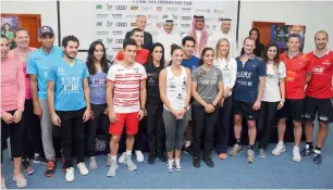  ?? Photo by Shihab ?? The squash players pose during a photo call after the press conference for the Dubai World Series finals at Emirates Golf club in Dubai. —