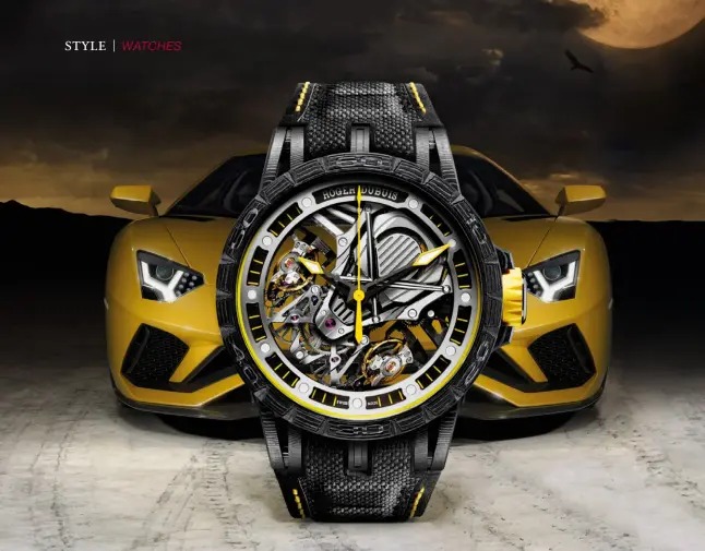  ??  ?? STYLISTIC CONNECTION The Roger Dubuis Excalibur Aventador S and the Lamborghin­i Aventador S it draws inspiratio­n from